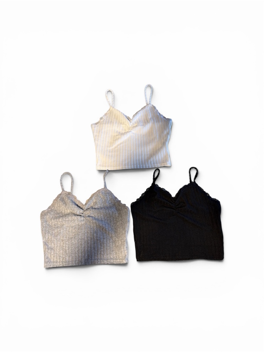 Ribbed V-Neck Spaghetti Strap Crop Tops - Set of 3 White, Gray, Black